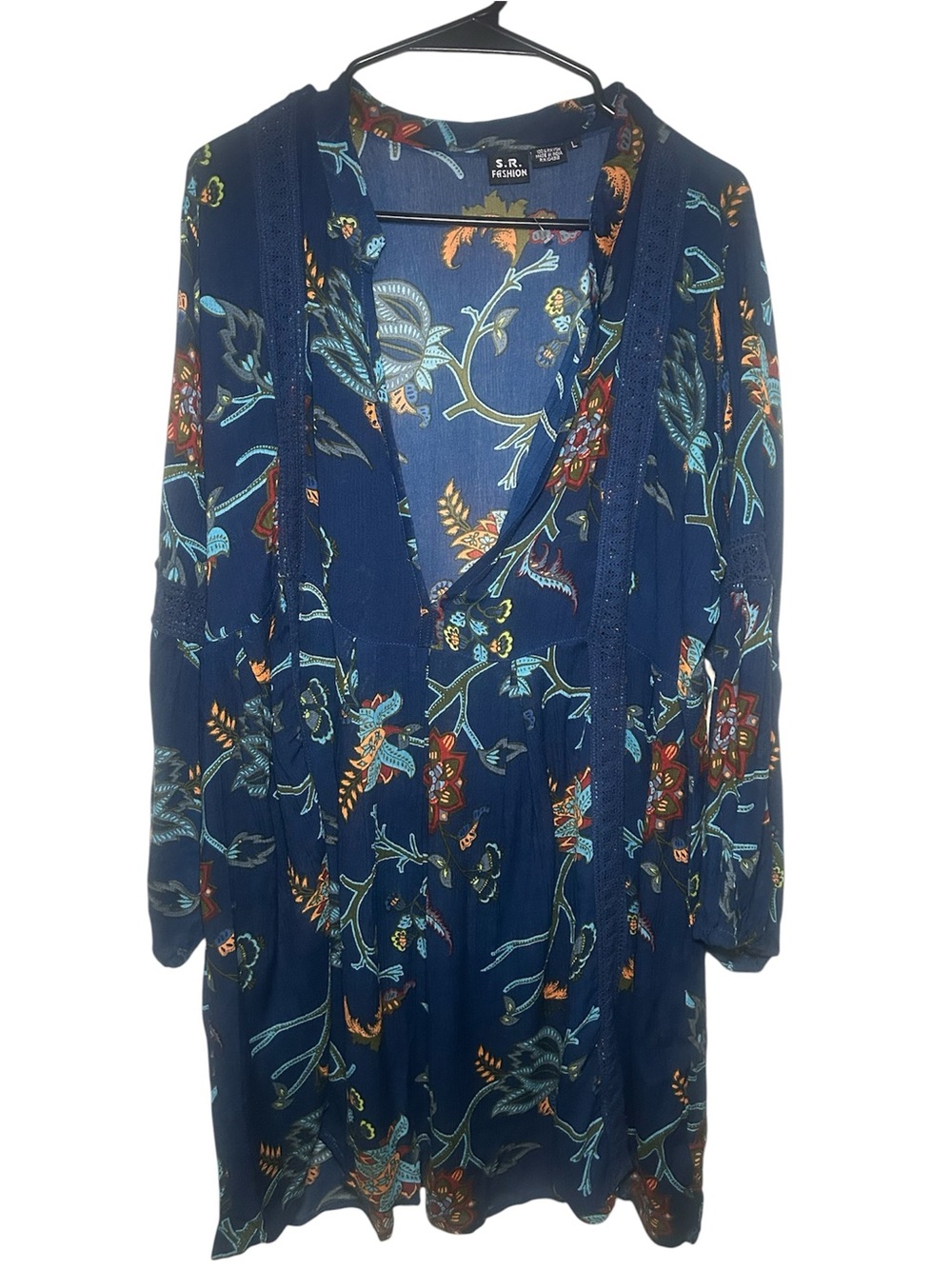 SR Fashion Women's Navy Blue Floral Boho Tunic Dress Light Relaxed Flowy Sheer